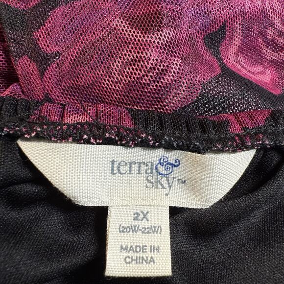 Terra & Sky Midi Dress NEW Sz 2X Smocked Mesh Bold Roses Berry Wine Lined Bohe - Picture 5 of 9